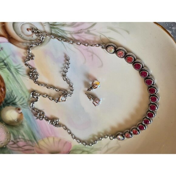 Vintage Style Silver Necklace & Earring Set With Pink & Clear Rhinestones - Picture 6 of 7
